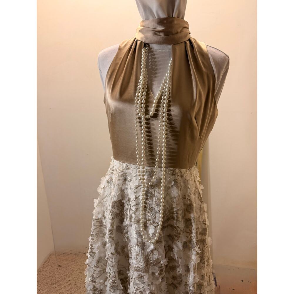 234/6 Beige 3D floral gold maxi length sleeveless gown classy black tie